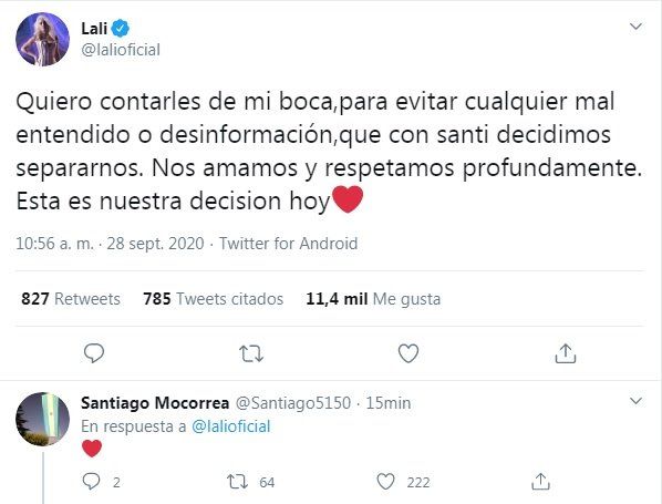 La respuesta de Santiago Mocorrea a Lali Espósito en Twitter